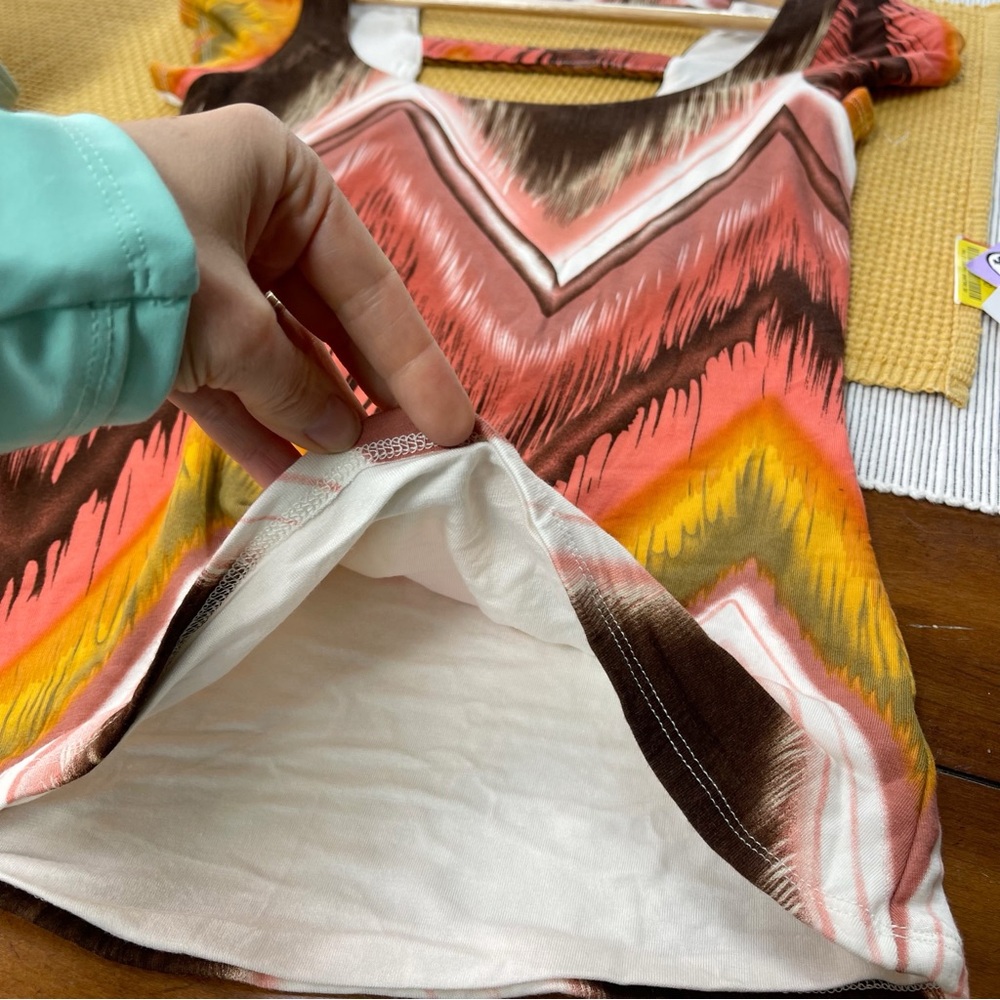 Sky Chevron Brown Orange Mustard Yellow Top with Faux Leather Braided Back - Picture 7 of 8